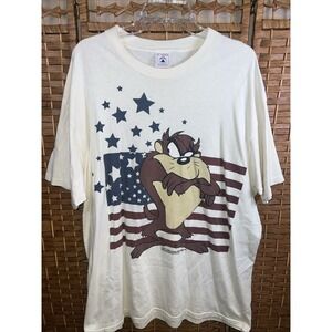 Vintage 1996 Warner Bros Taz American Flag T-Shirt Size XL Cream Looney Tunes